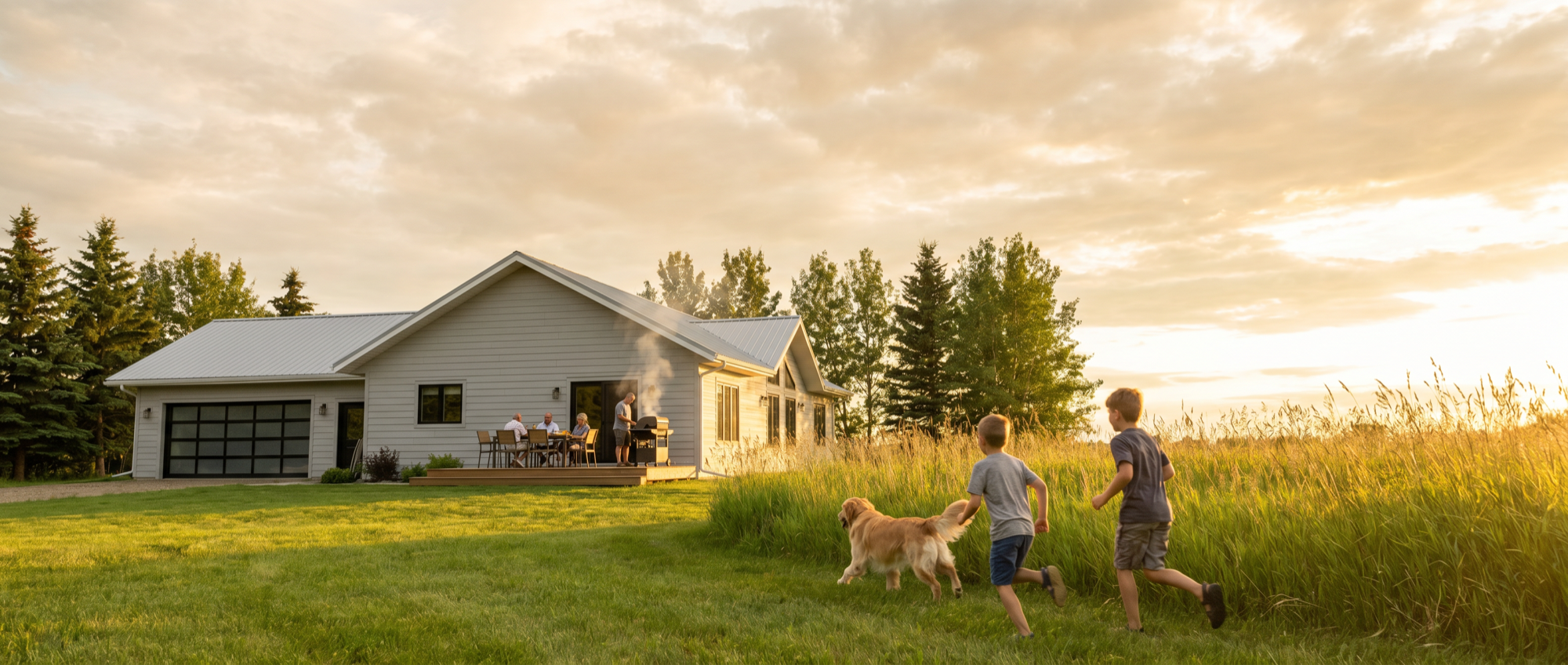 Multi-generational family backyard barbecue at a modern Northern Alberta acreage at golden hour — kids and dog running across a lush green lawn, adults gathered around a grill on the deck