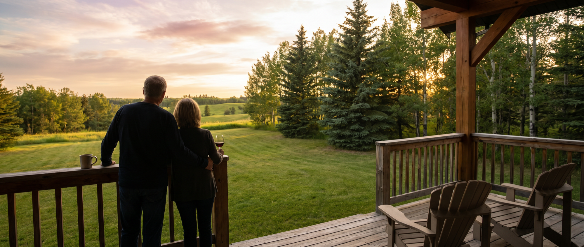 A couple stands at the railing of a back deck overlooking their well-maintained Northern Alberta acreage at golden hour — backs to camera, holding drinks, lush green lawn rolling out to mature trees, pink and gold sky
