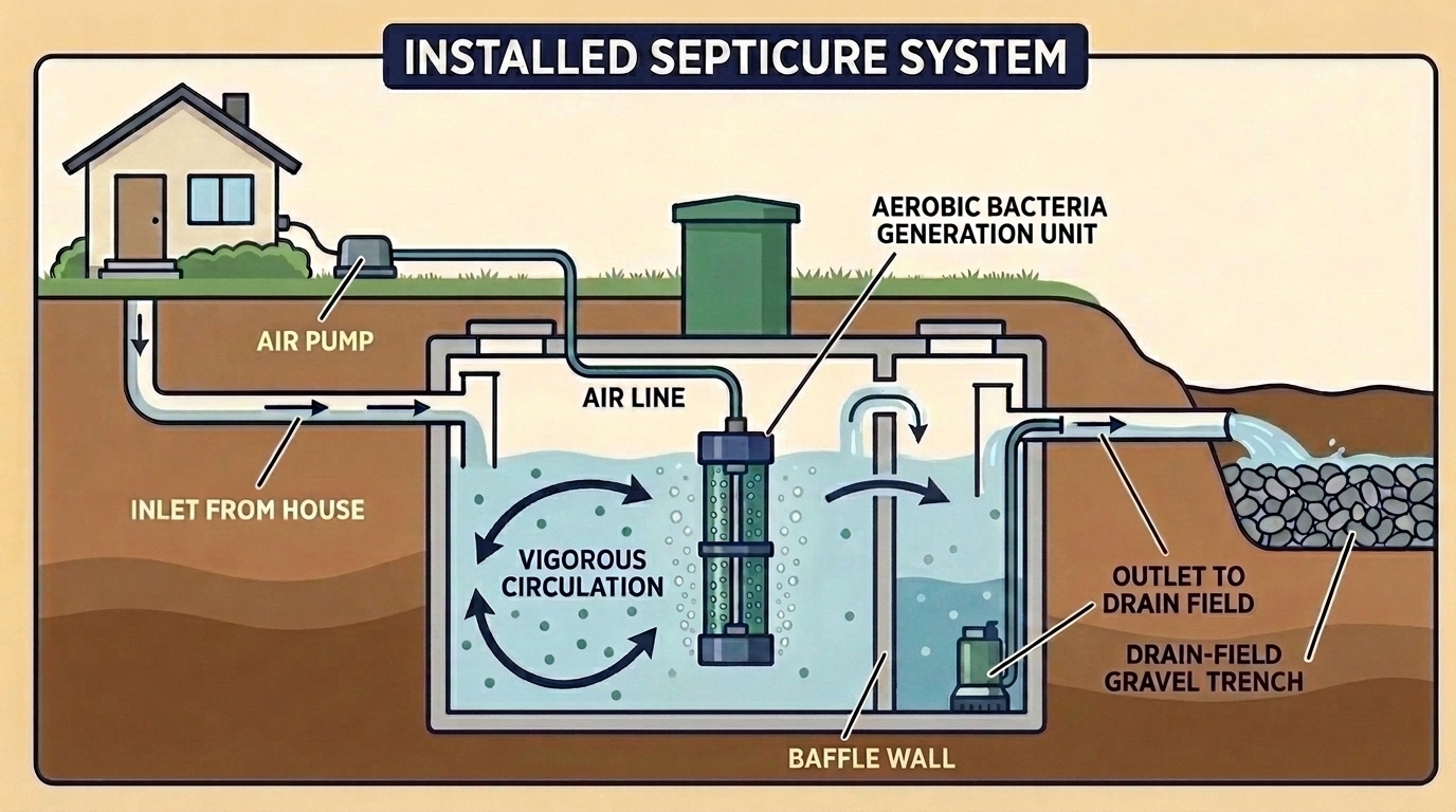 Cutaway diagram of an installed SeptiCure system: compact linear air pump above ground next to the house, aeration lines running underground through the drain field, oxygen bubbles reaching the soil interface, aerobic bacteria digesting biomat at the surface